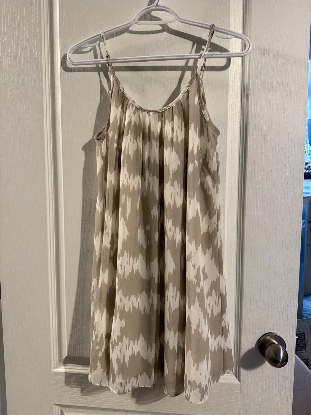 Beige and White Ikat-Print Mini Slip Dress